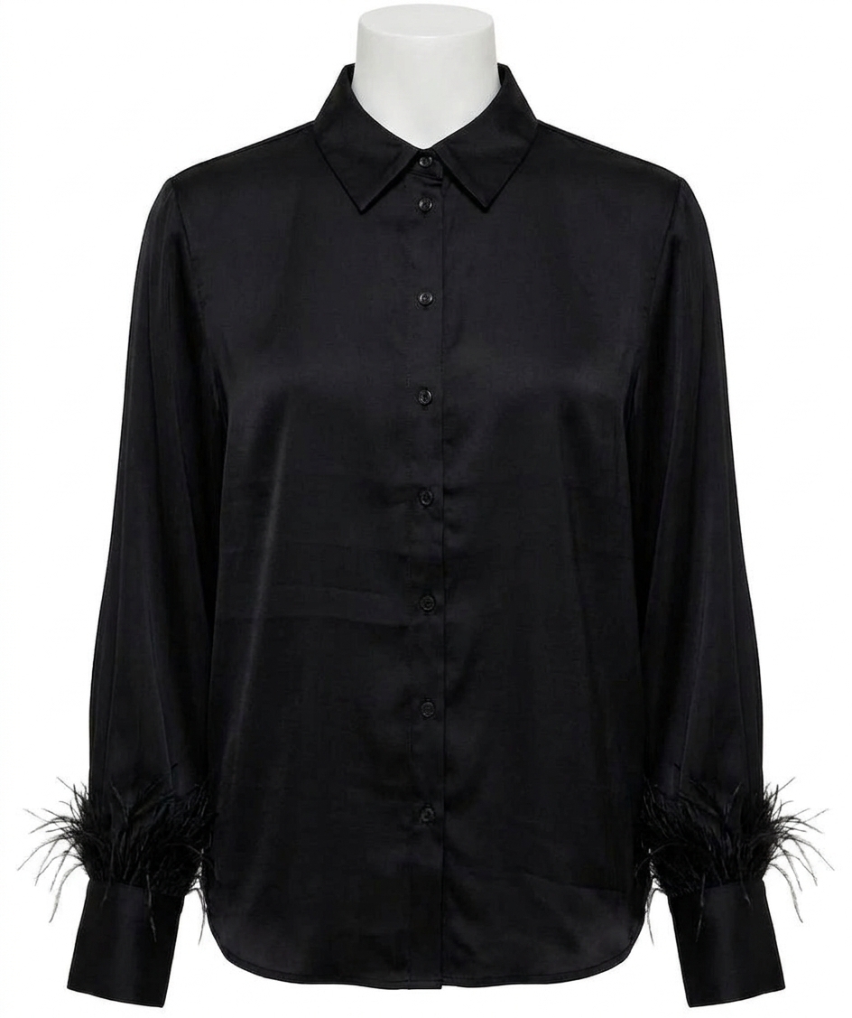 New Esqualo Briet Basic Satin Feathers Blouse In Black